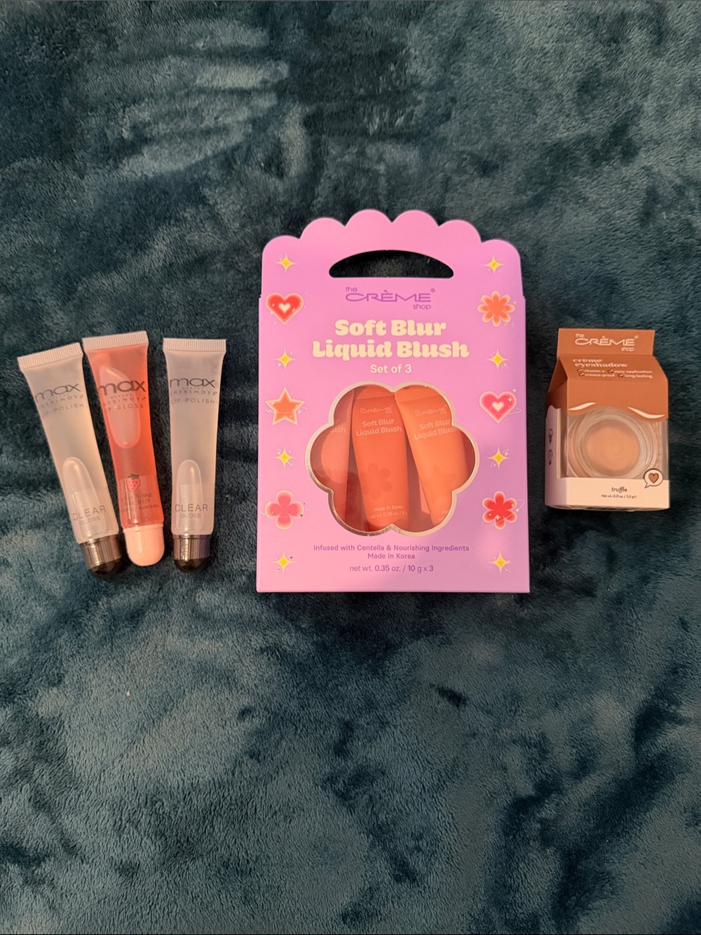 The Crème Shop Soft Blur Liquid Blush Set + truffle eyeshadow + 3 lip gloss